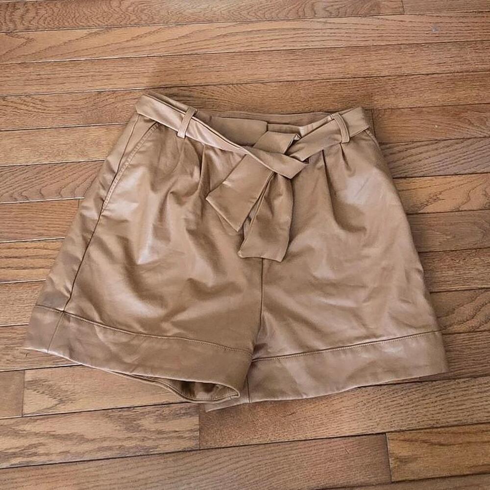 express Tan faux leather shorts high tie waist pockets 4